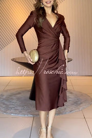 Satin Long Sleeve Midi Dress with Ruffled Hem & Slit