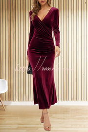 Velvet Long Sleeve V-Neck Fishtail Maxi Dress – Slim Fit
