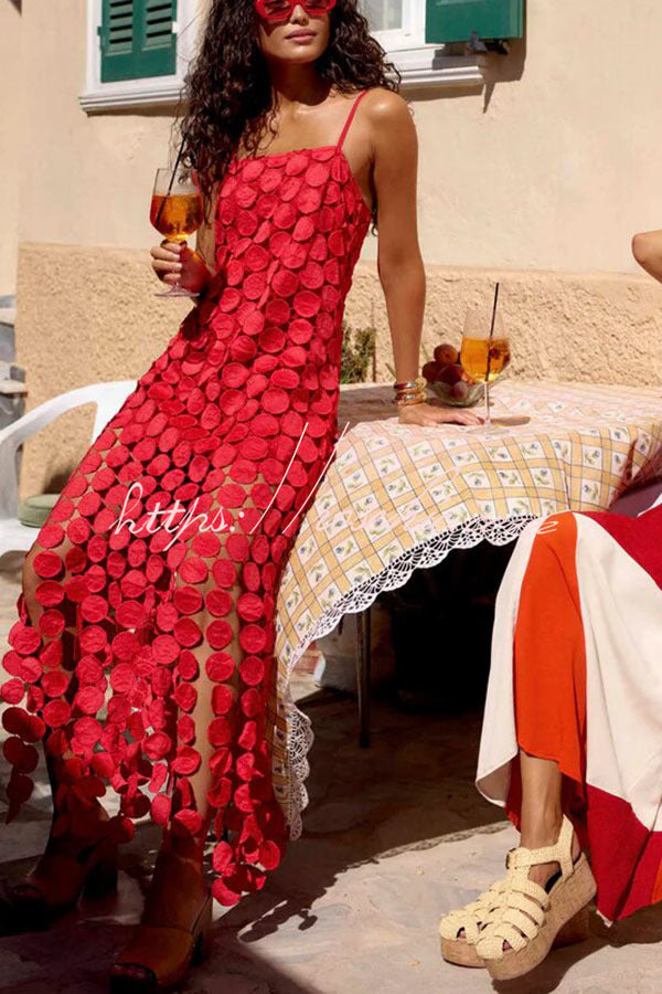 Embroidered Polka Dot Square Neck Tassel Hem Slip Maxi Dress