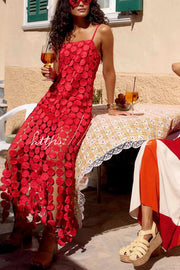 Embroidered Polka Dot Square Neck Tassel Hem Slip Maxi Dress