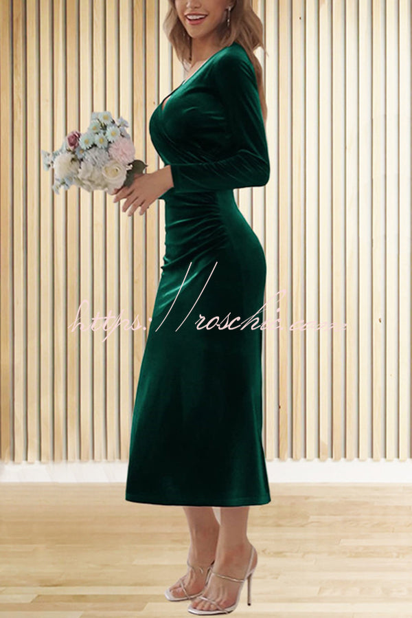 Velvet Long Sleeve V-Neck Fishtail Maxi Dress – Slim Fit