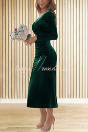 Velvet Long Sleeve V-Neck Fishtail Maxi Dress – Slim Fit