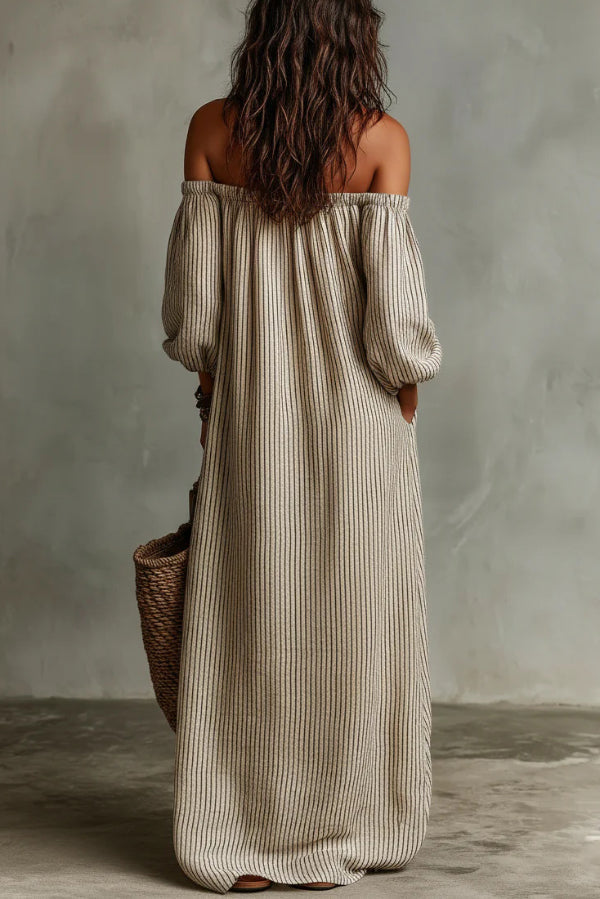 Linen Blend Off-Shoulder Maxi Dress – Striped Loose Fit