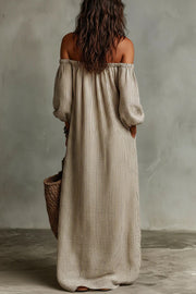 Linen Blend Off-Shoulder Maxi Dress – Striped Loose Fit