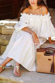 Linen Blend Off Shoulder Midi Dress with Pockets