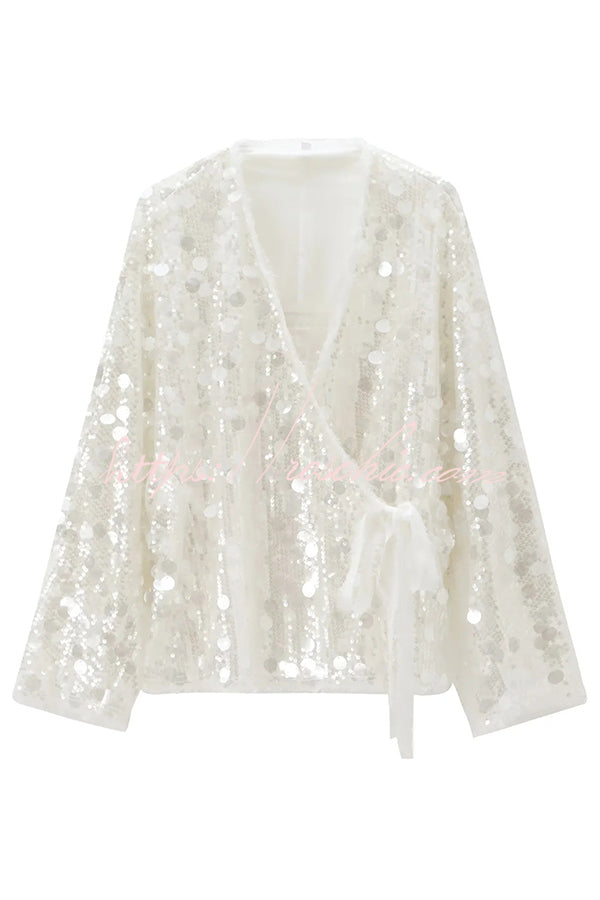 Manteau de soirée ample à manches longues et col en V à paillettes