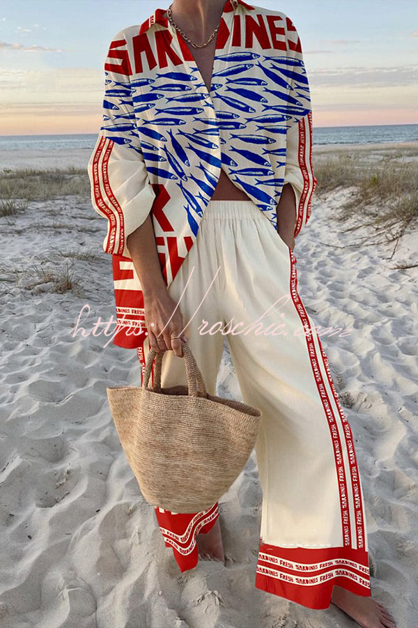 Ocean Print Oversized Shirt & Elastic Waist Pants Set