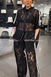 Lace Trim Short Sleeve Shirt & Loose Pants Set