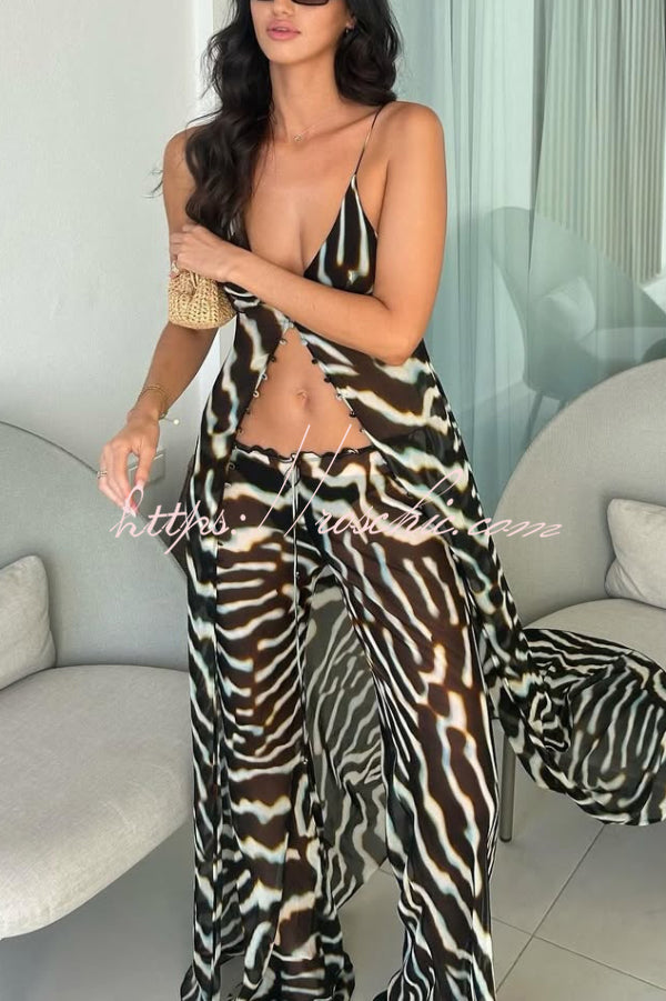 Zebra Print Flared Pants with Drawstring Waist