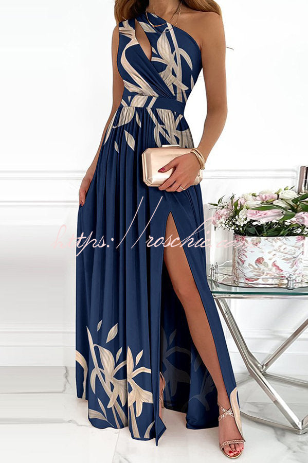 Floral One-Shoulder Cutout Slit Maxi Dress