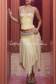 Creamy Yellow Layered Chiffon Midi Skirt with Crystal Beaded Belt