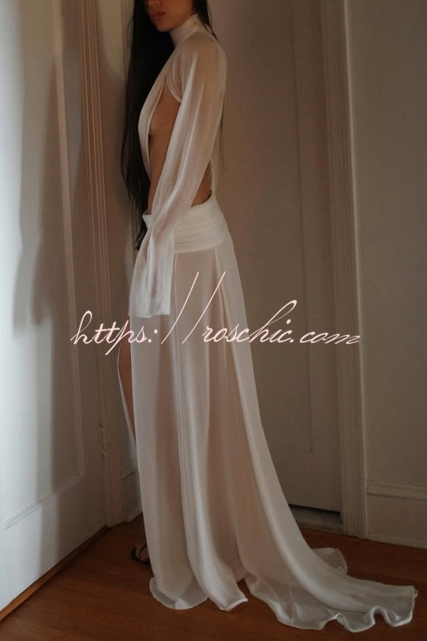 See-Through High-Neck Long-Sleeve Top & Maxi Skirt Set