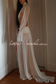 See-Through High-Neck Long-Sleeve Top & Maxi Skirt Set
