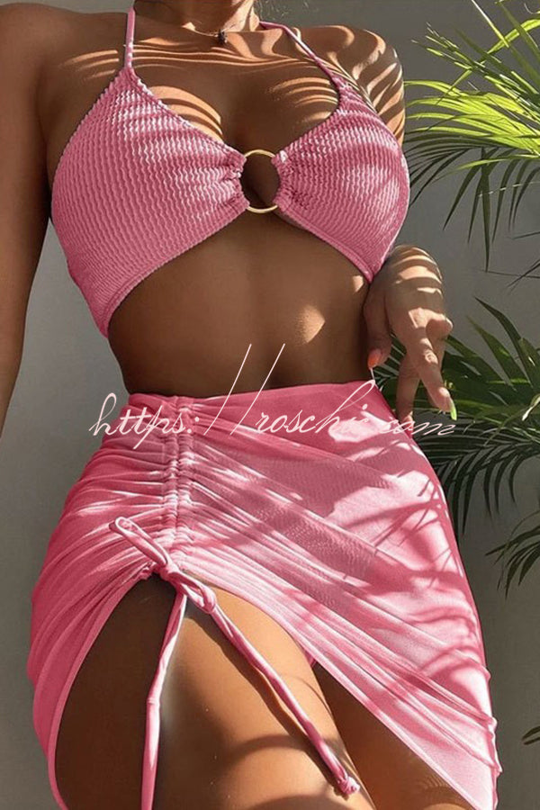 Spaghetti Strap Pleated Three-Piece Swimsuit Set