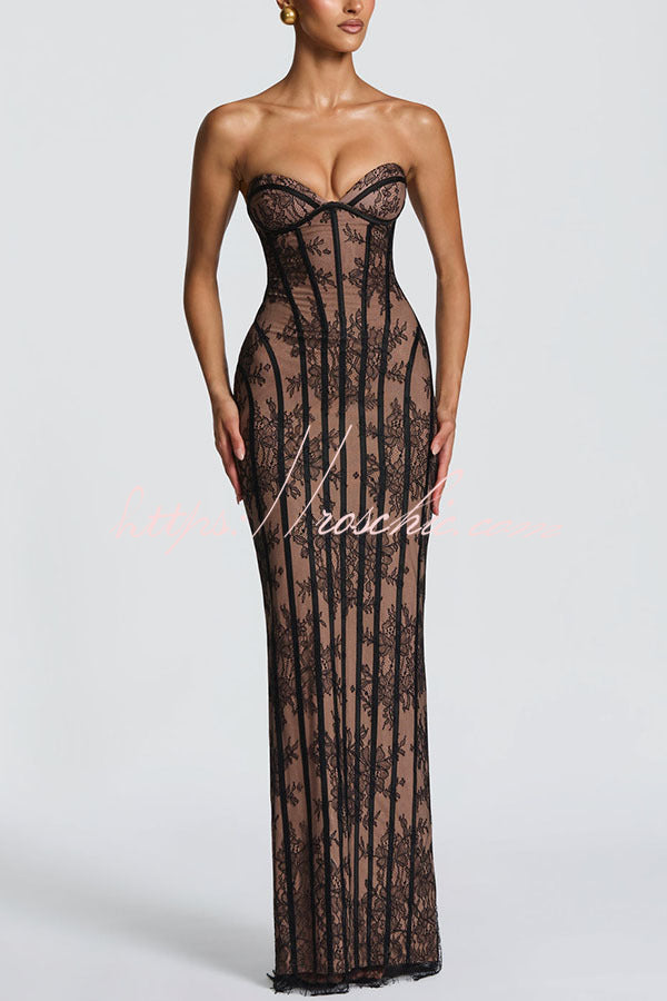 Floral Lace Strapless Maxi Dress with Lace-Up Back & Slit