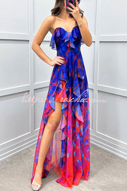Gradient Print Strapless Maxi Dress with Layered Ruffles