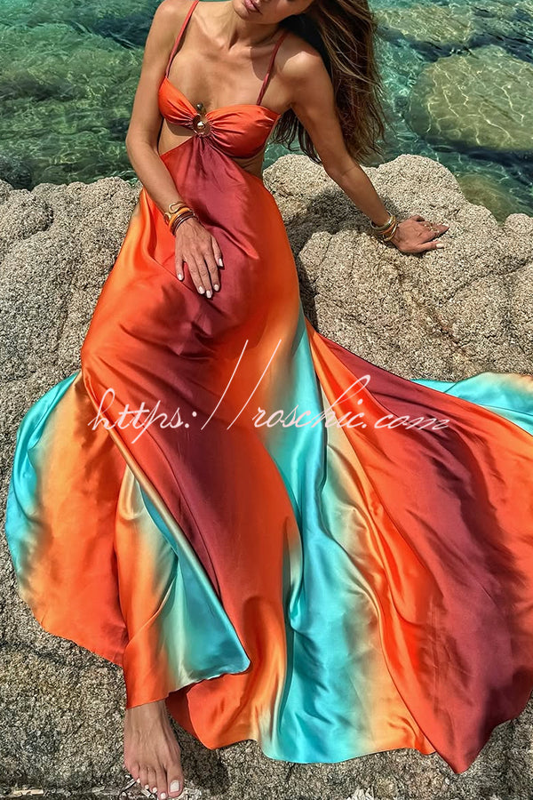Neon Sunset Print Cutout Back Tie-Up Maxi Dress
