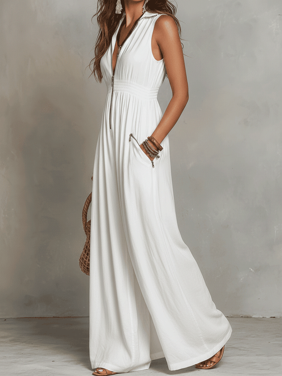 White Bohemian Maxi Dress with Zip-Front Detail
