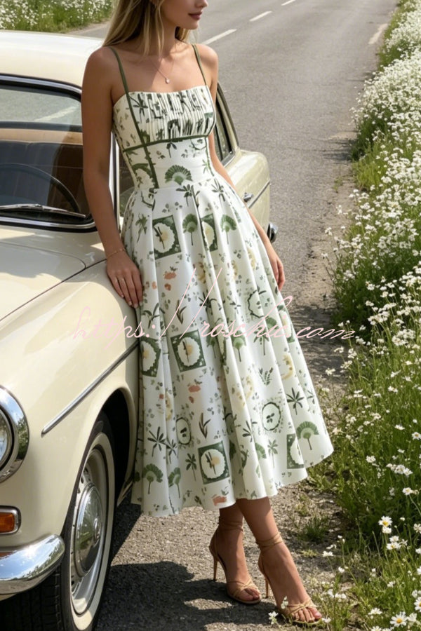 Printed Sleeveless Pleated Waist Maxi Dress for Vacation
