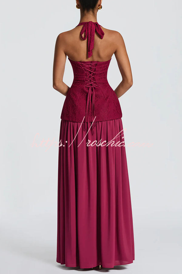 Crepe Lace Bodice Halter Chiffon Pleated Maxi Dress