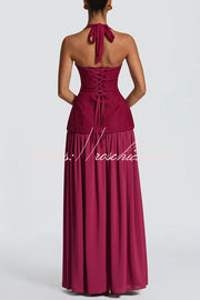 Crepe Lace Bodice Halter Chiffon Pleated Maxi Dress