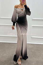 Gradient Print Off-Shoulder Gem Detail Maxi Gown Dress