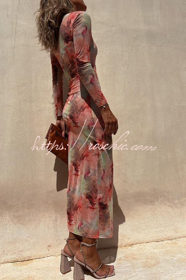 Mesh Overlay Tie Dye Long Sleeve Ruched Midi Dress