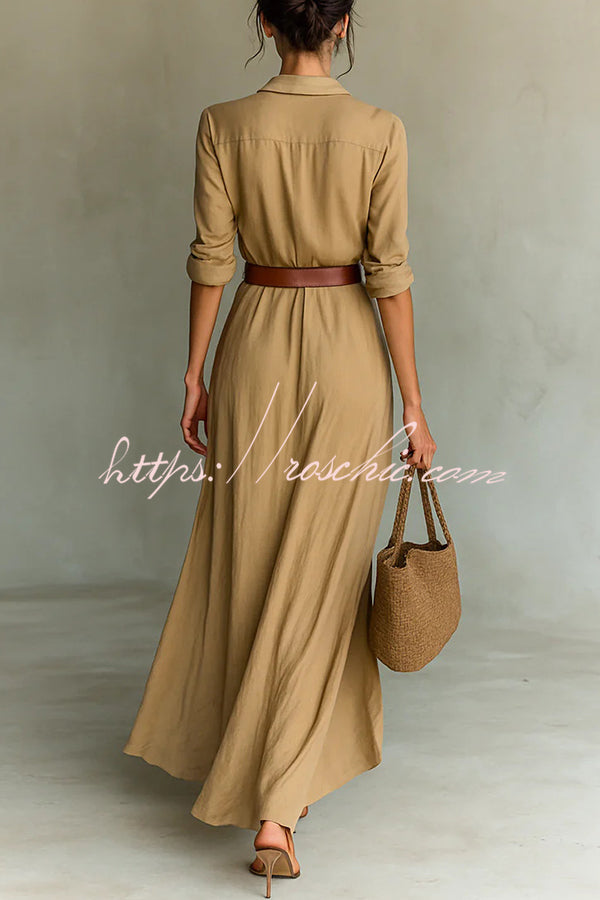 Long Sleeve Wrap Slit Maxi Dress – Loose Lapel Shirt Style