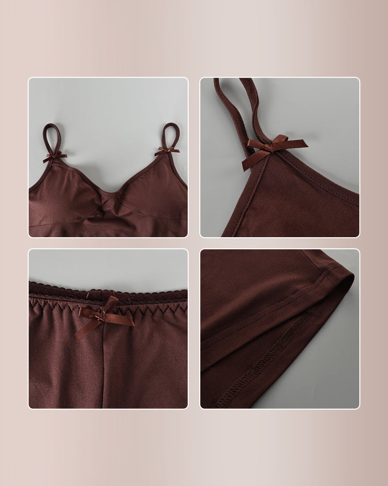 Ribbed Knit Cami and Shorts Pajama Set with Butterfly Bow