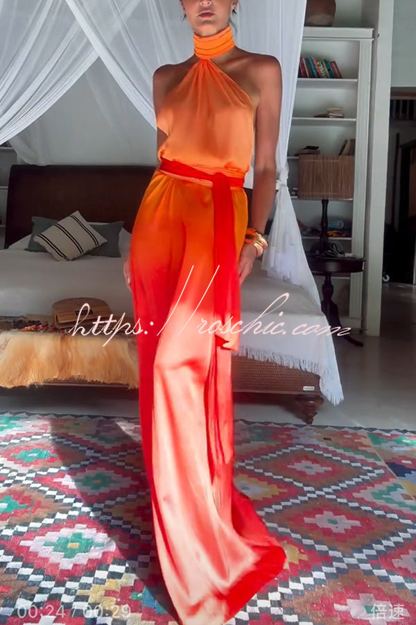 Gradient Print High Neck Backless Tie-Up Maxi Dress