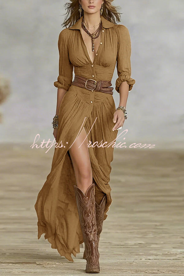 Lapel Maxi Dress | Long Sleeve Shirt-Style Vacation Dress
