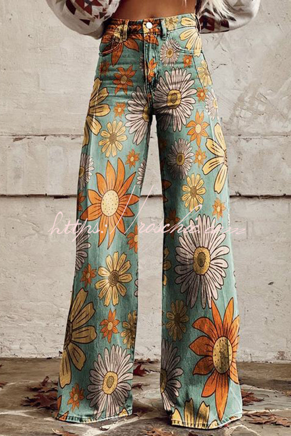 Floral Print Wide Leg Denim Pants with Pockets