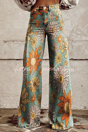 Floral Print Wide Leg Denim Pants with Pockets