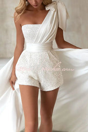 Sequin One-Shoulder Romper with Detachable Long Skirt Train