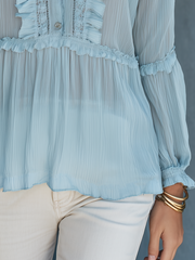 Sky Blue Ruffle Long Sleeve Blouse with Feminine Detailing