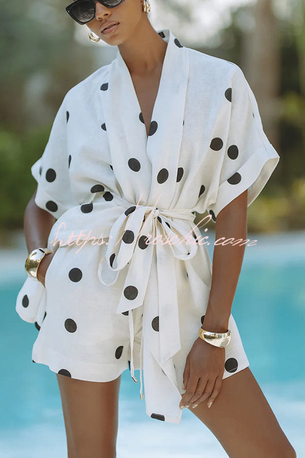 Linen Blend Polka Dot Kimono Top & Shorts Set
