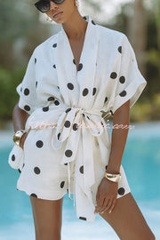 Linen Blend Polka Dot Kimono Top & Shorts Set