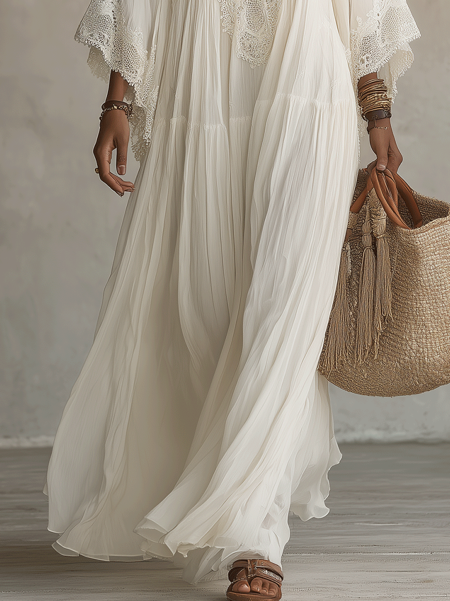 Cream White Boho Maxi Dress | Flowy Tiered Vacation Dress