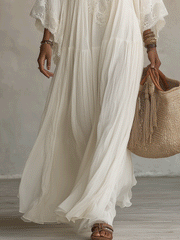Cream White Boho Maxi Dress | Flowy Tiered Vacation Dress