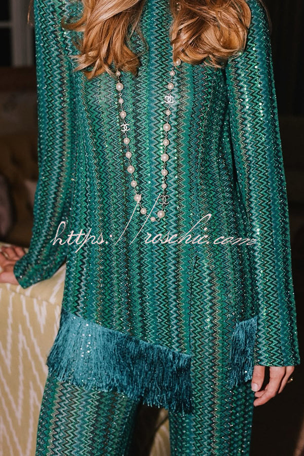 Knit Zigzag Pattern Tassel Trim Top & Wide Leg Pants Set