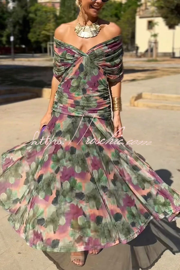 Printed V-Neck Waisted Mesh Maxi Dress for Vacation