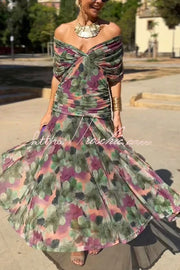 Printed V-Neck Waisted Mesh Maxi Dress for Vacation