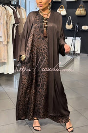 Satin Leopard Print Maxi Dress & Batwing Kimono Two-Piece Set