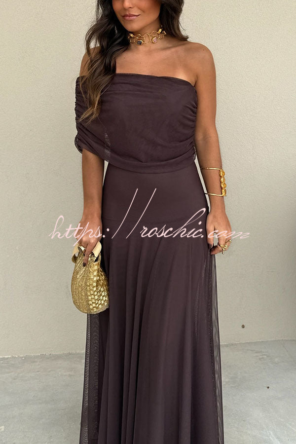 Mesh Ruched Strapless Flare Maxi Dress for Vacation & Party