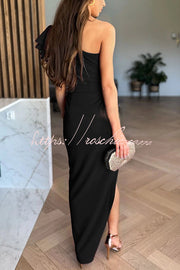 One Shoulder Ruffle Sleeve Maxi Gown with Asymmetrical Hem