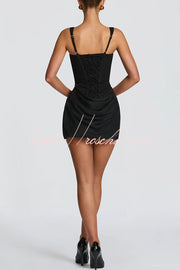 Satin Drape Square Neck Lace-Back Mini Dress