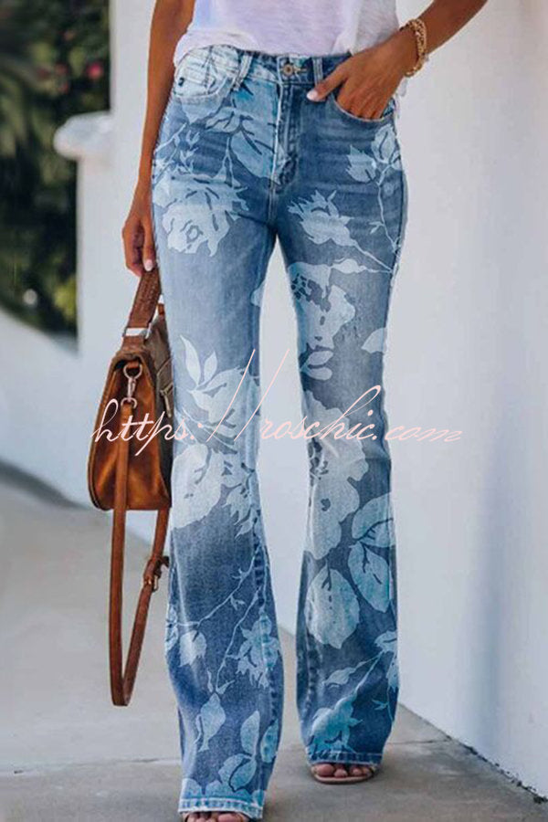 Faux Denim Print High Rise Flare Pants – Women's Casual