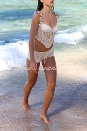 Crochet Knit Pearl Trim Sweetheart Crop Tank Top