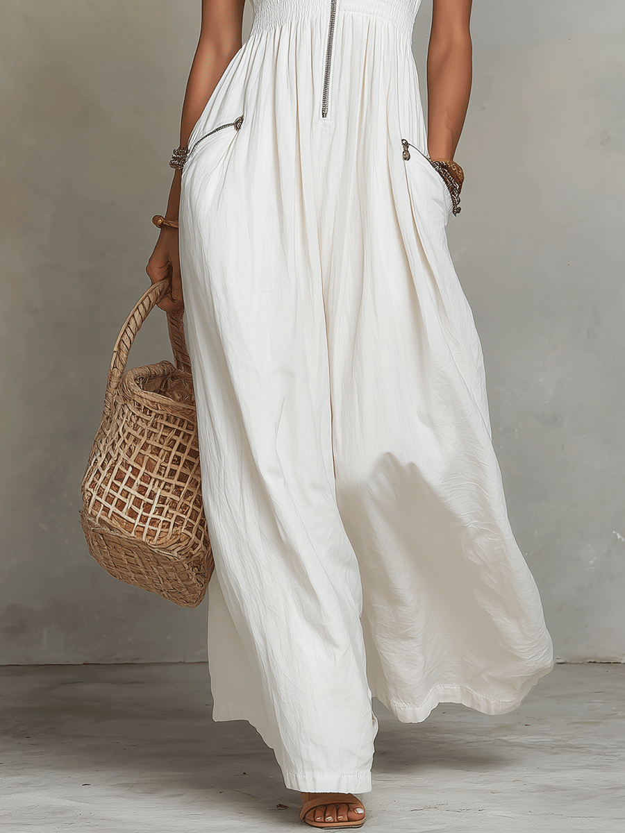 White Bohemian Maxi Dress with Zip-Front Detail