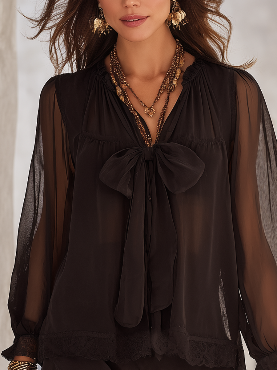 Black Chiffon Long Sleeve Blouse With Bow-Tie Neckline